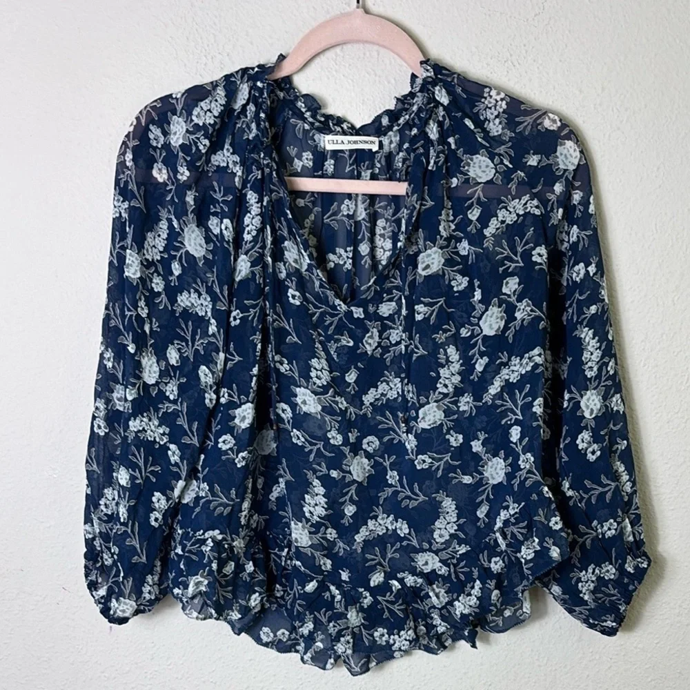 Ulla Johnson Rosine 100% Silk Sheer Blouse Top In Azure Blue size 0